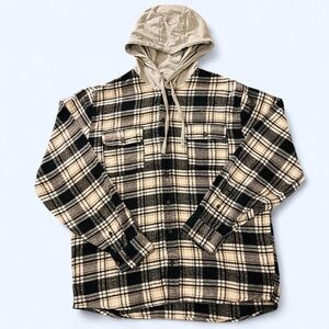 RSQ Hooded Plaid Flannel “Shacket” – Black/Cream/Tan (Large)